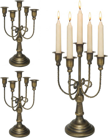 5 Arm Bronze Candelabra Candle Holder Set of 3, 11.7" Vintage Metal Candlestick Holders for Taper Candles Elegant