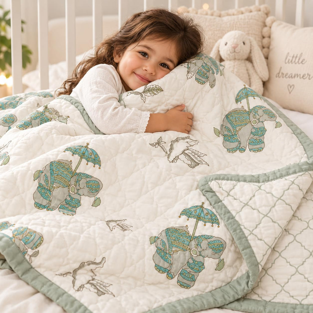 Baby Quilt Hand Block Print Cotton Reversible 40x60 (Green)