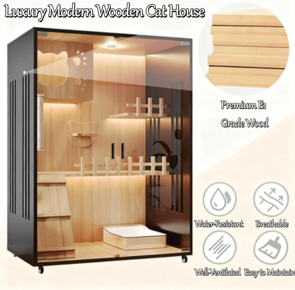Luxury Modern Wooden Cat House for Indoor Cats - Multi-Level Cattery Enclosure with Tempered Glass Door & Lockable