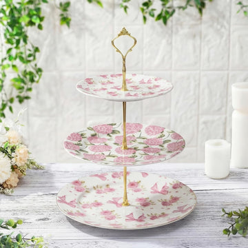 3 Tier Pink Floral Cake Stand Ceramic Coquette Dessert Stand with Gold Metal Rack Shabby Hydrangea Bow Cupcake Tower