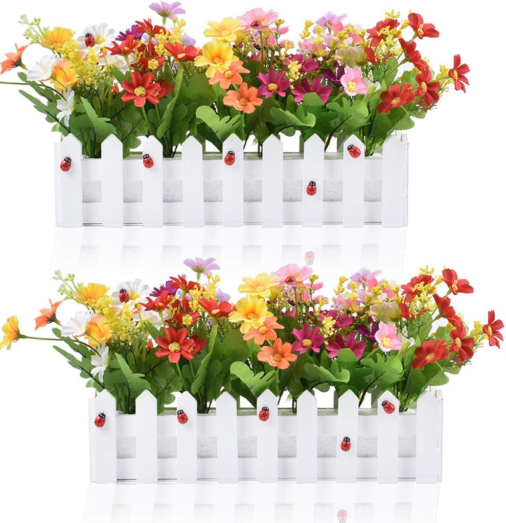 Artificial Flower Plants - Mixed Color Daisies in Picket Fence Pot for Indoor Office Wedding Home Decor, 2 Sets