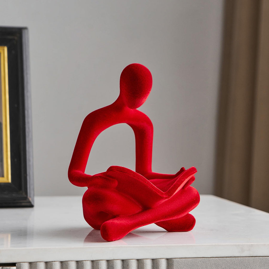 Red Reading Statue Decor, Modern Abstract Thinker Sculptures Decorations, Flocked Figurine Office TV Stand Shelf