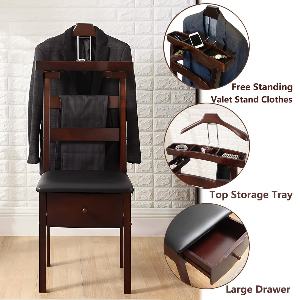Wood Chair Valet Stand, With Hanger Trouser Bar, Top Storage Tray Wardrobe, With Large Drawer Clothing Rack, Men