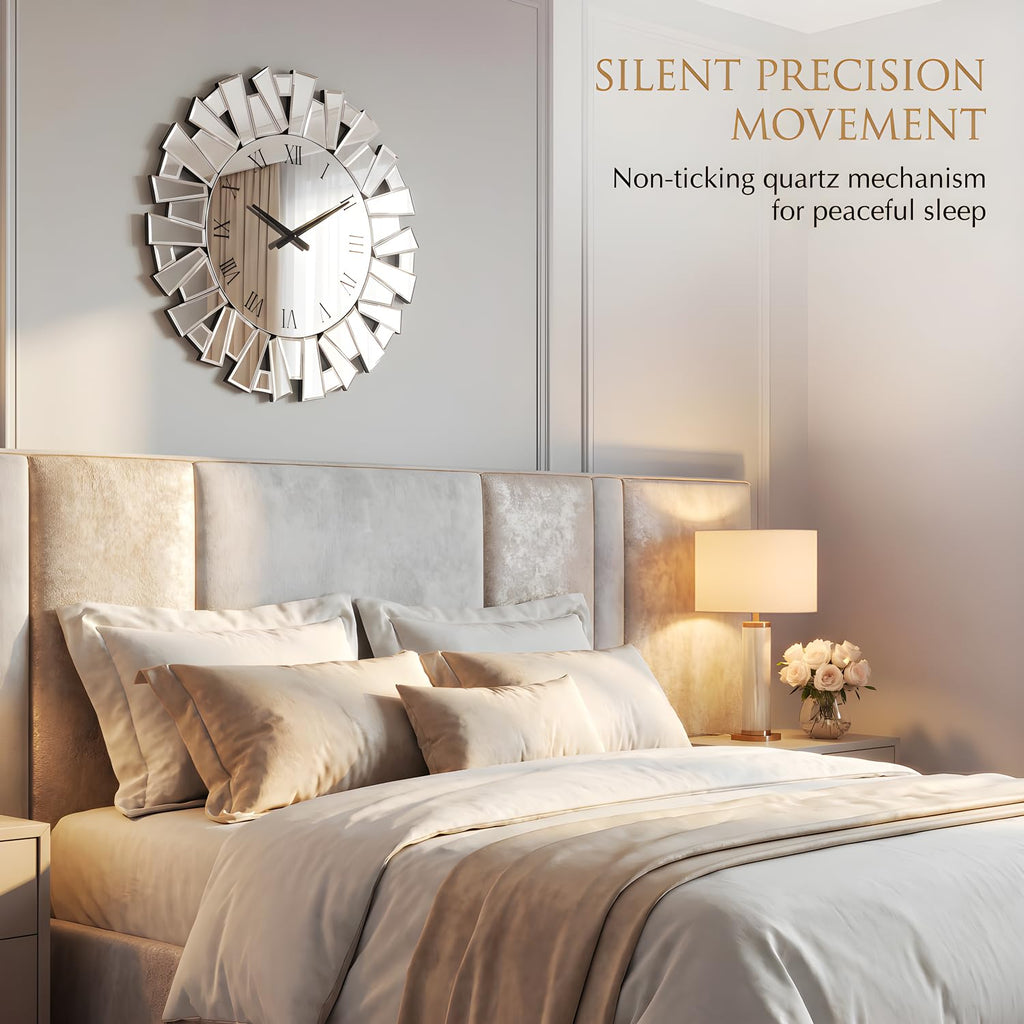 Silver Wall Clock, 24" Large Modern Mirror Clock