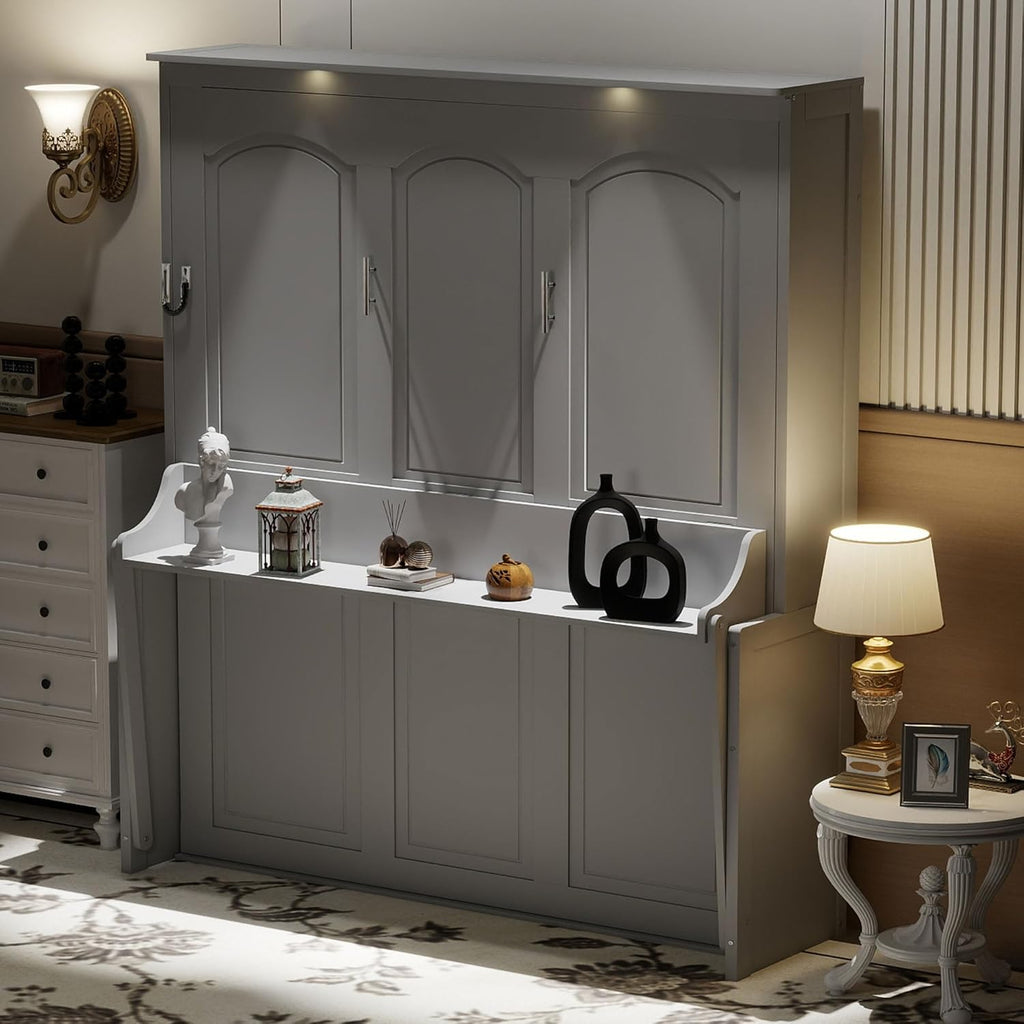 Queen Murphy Bed with Desk, LED Lights and USB Charging Ports, Wall-Mounted Space-Saving Bed, Solid MDF + Plywood