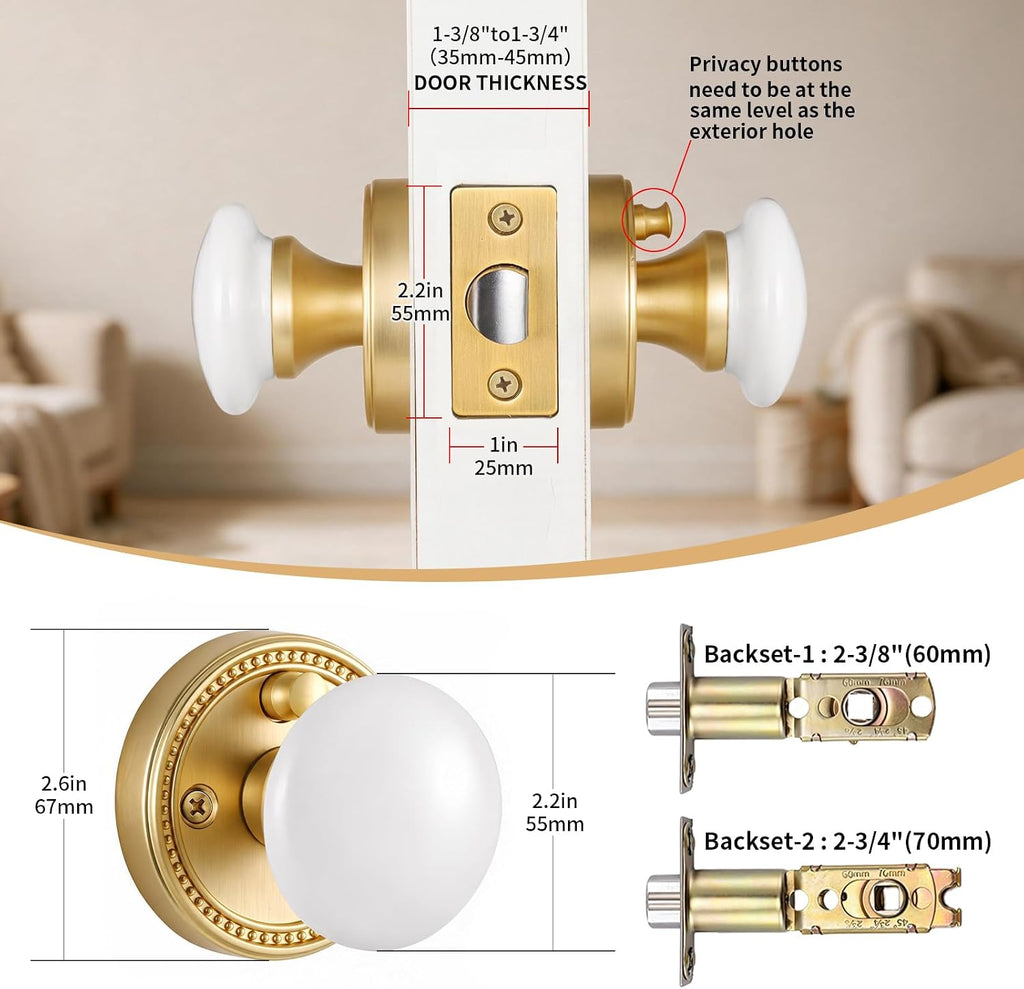 White Porcelain Door Knob with Gold Base,1 Pack