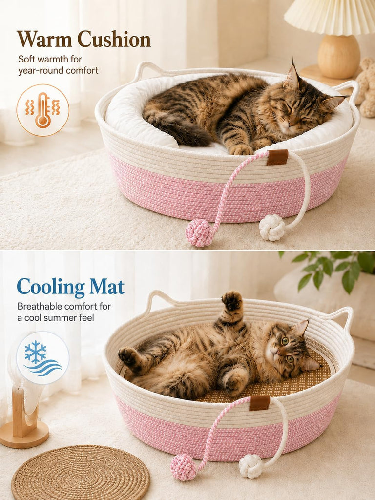 Handwoven Cat Bed for Indoor Cats, 18 Inch Round Low-Entry Cat Basket Bed