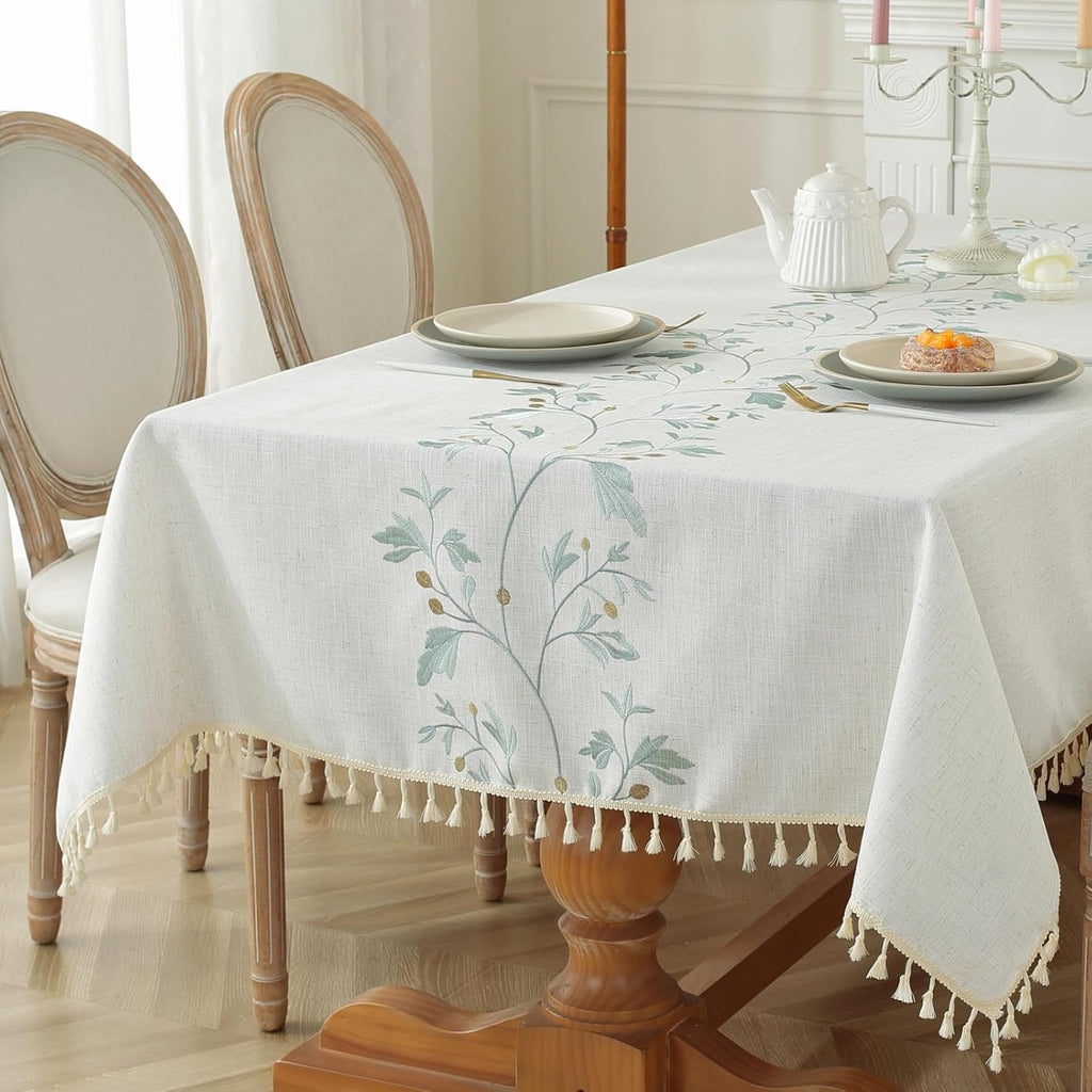 Embroidered Tablecloth Rectangle 55 x 75 Inch, Farmhouse Otanical Floral Table Cloth Waterproof Wash