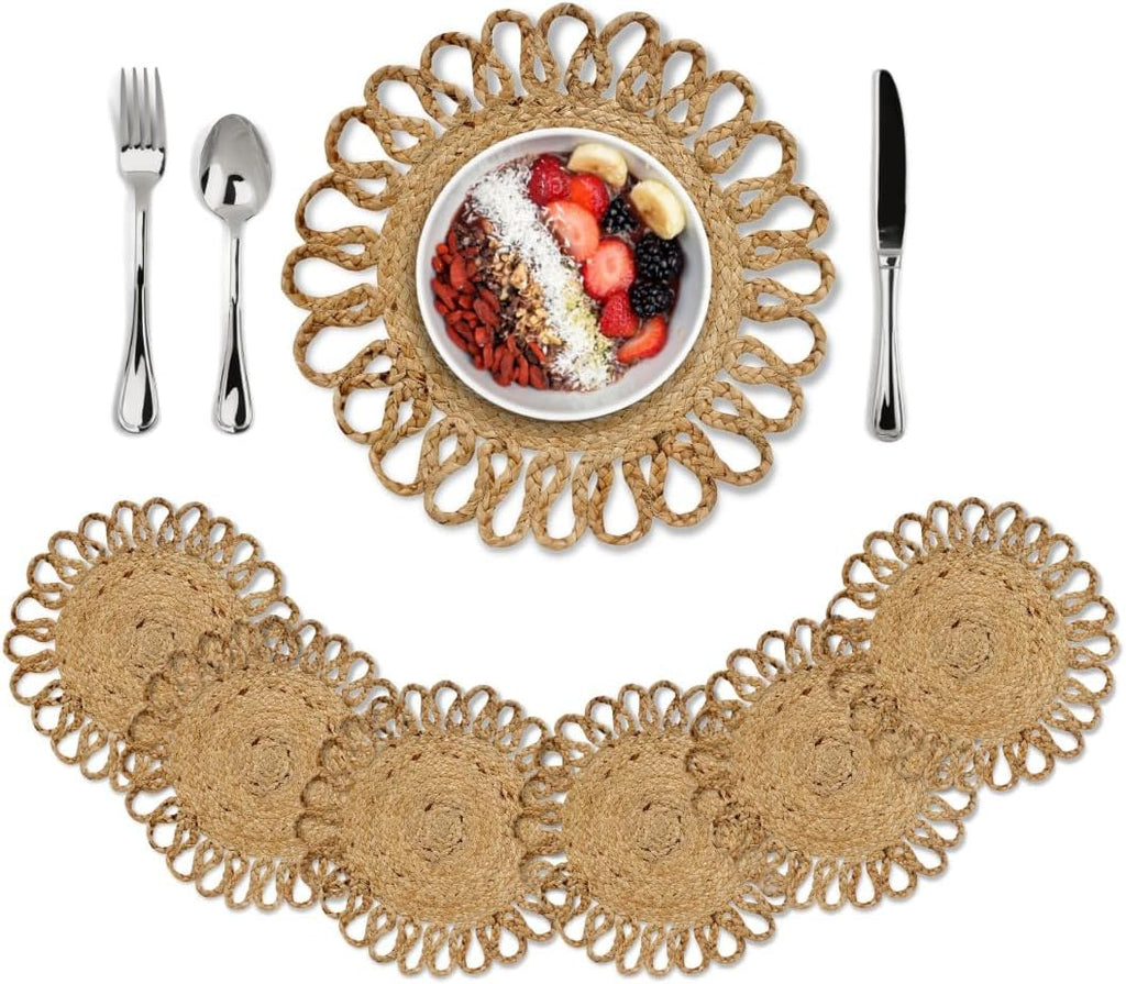 Jute Hand Braided Placemats Set of 6 | 15 Inches Round Tablemats | Just Roll It Once to Flatten and Enjoy | , Dining