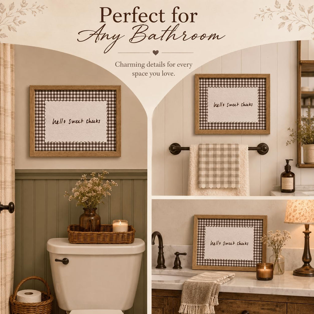 Framed Funny Bathroom Wall Art - Hello Sweet Cheeks Quote Canvas Print, Vintage Gingham Farmhouse Bathroom Decor