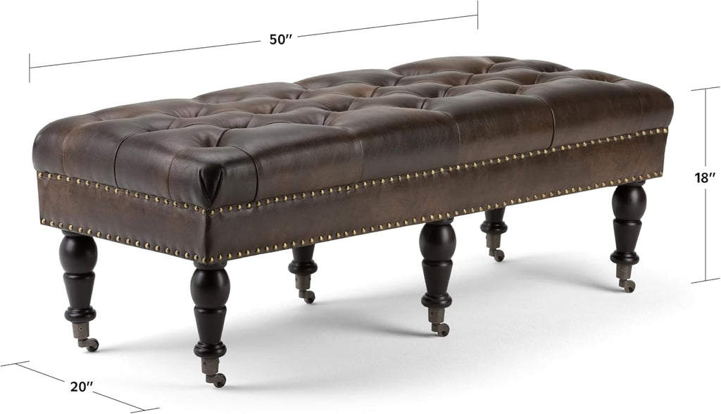 Lacey 41" Wide Vegan Leather Rectangle Ottoman in Saddle Brown | Traditional tufted ottoman bench with nail head trim