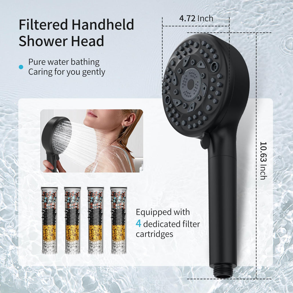 Filtered Shower Head with Handheld, 9 Spray Mode High Pressure Shower Head with 4 Filters, Hard Water Filter