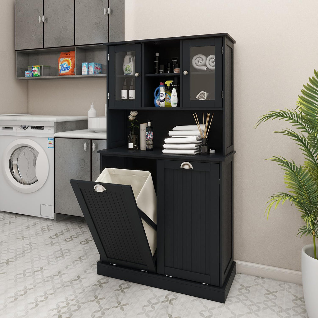Tall Tilt Out Laundry Hamper Cabinet with 2 Removable Baskets, Laundry Room Cabinets and Storage Furniture with