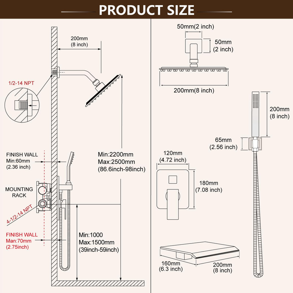 Shower System with Tub Spout,8 Inch Shower Head,Matte Black