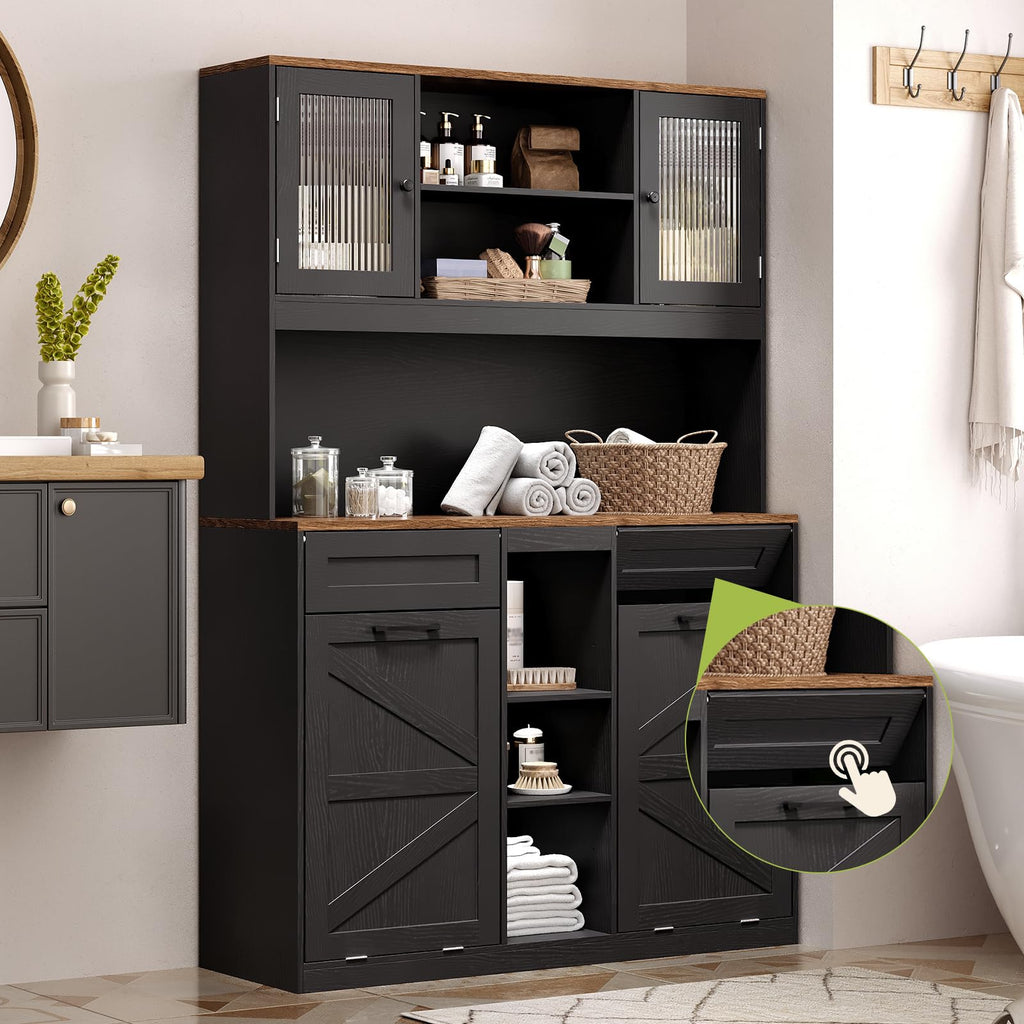 Tall Tilt-Out Double Laundry Hamper Cabinet with 2x11-Gallon Laundry Basket, Trash Bin Cabinet with Fluted Glass
