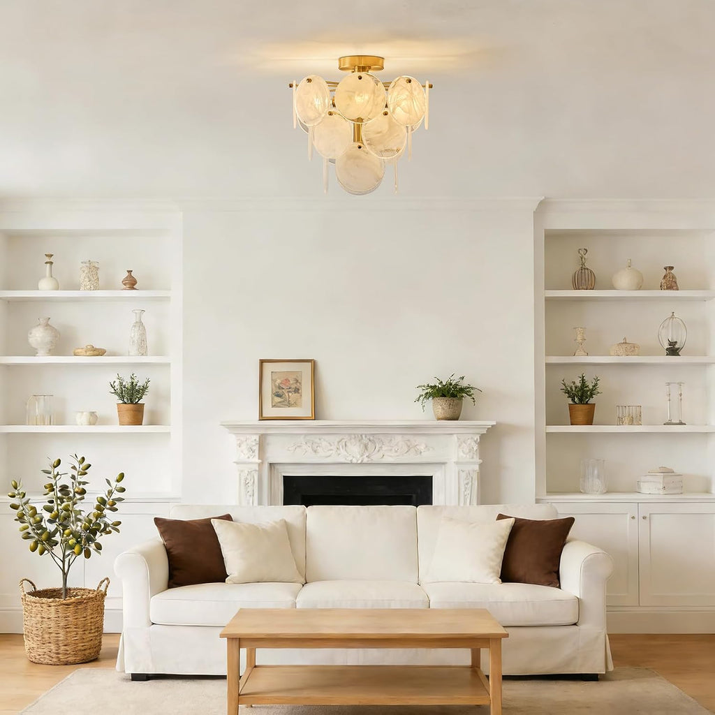 15" Brass Gold Semi Flush Mount Ceiling Light,13 lb Sturdy Vintage Flush Mount Chandelier with Unique Cloud Glass, 4
