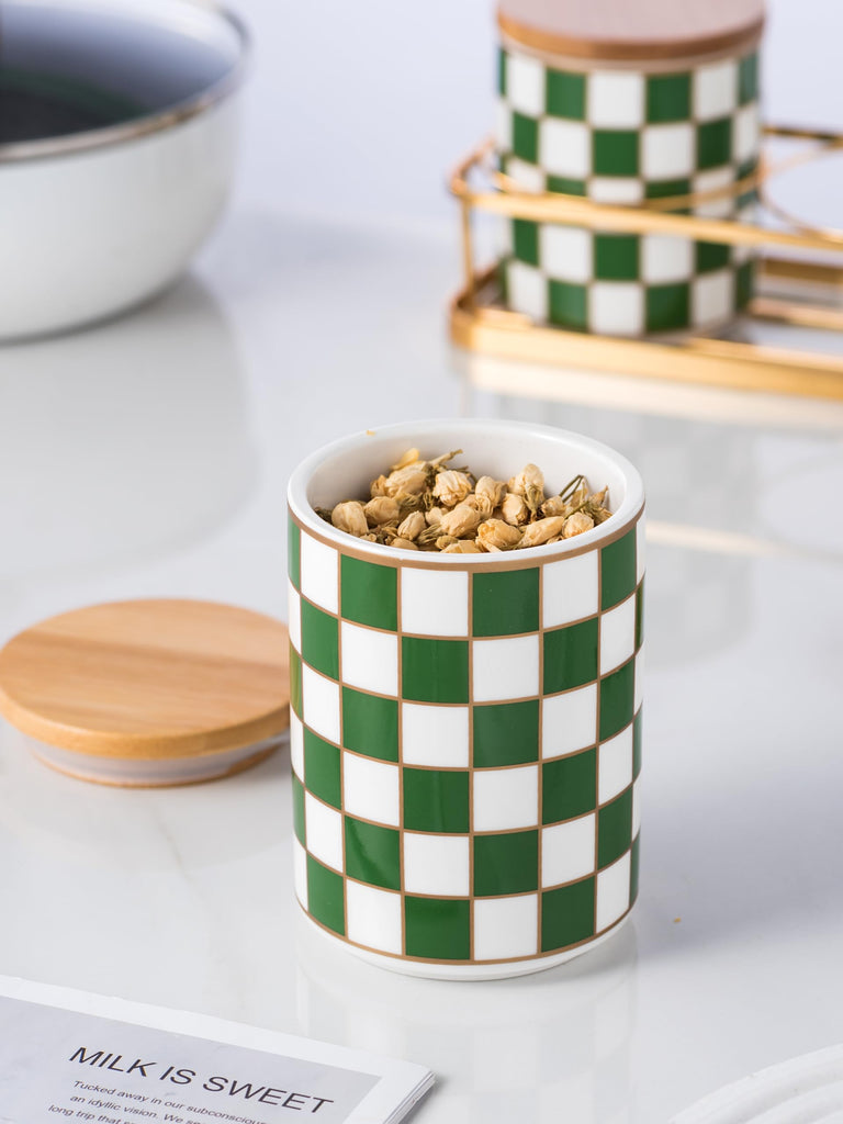 Kitchen countertop ceramic grid pattern airtight jar set - a set of 3 kitchen jars with layered shelves, sealed