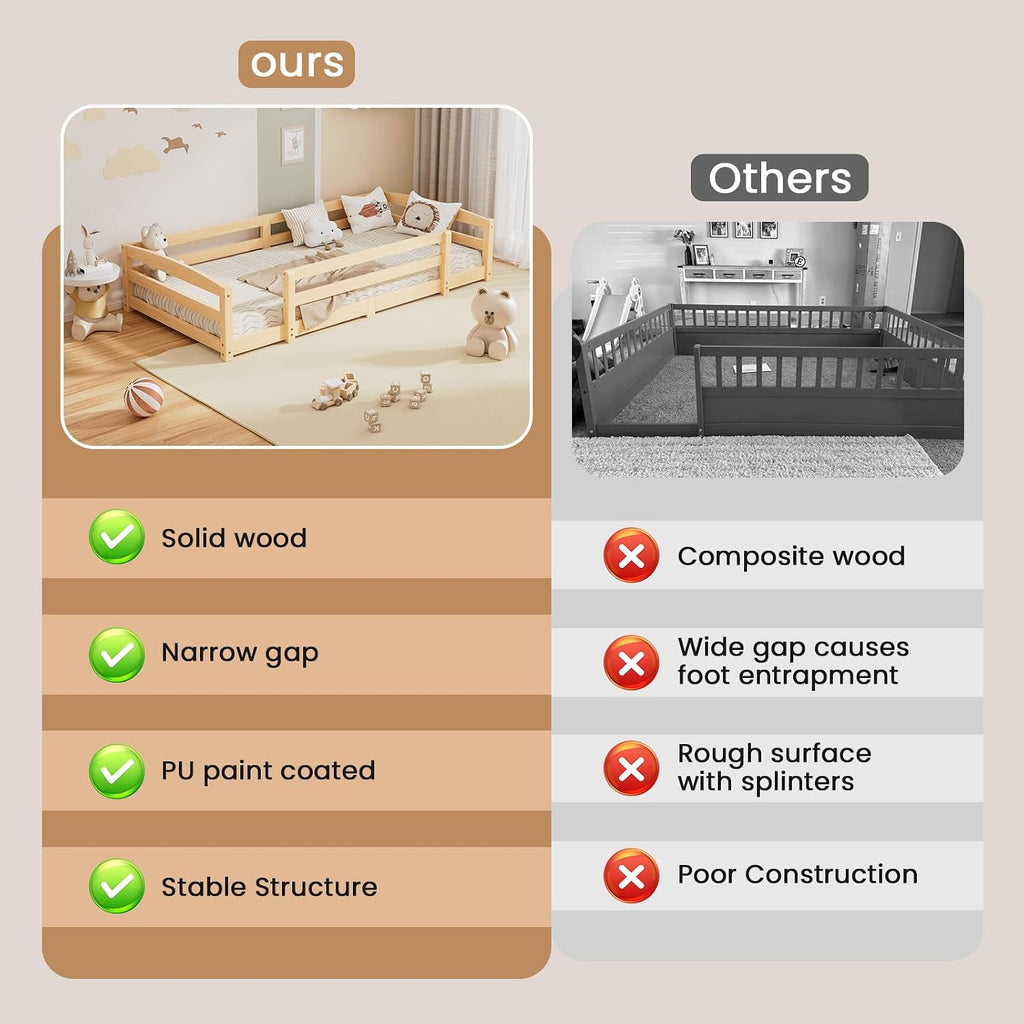 Toddler Floor Bed with Wood Slats, Montessori Floor Bed Frame for Kids