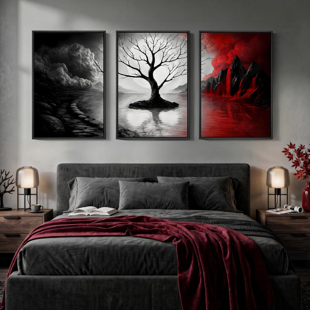 Large Framed Red and Black White Tree Wall Art, 24x36 Inch