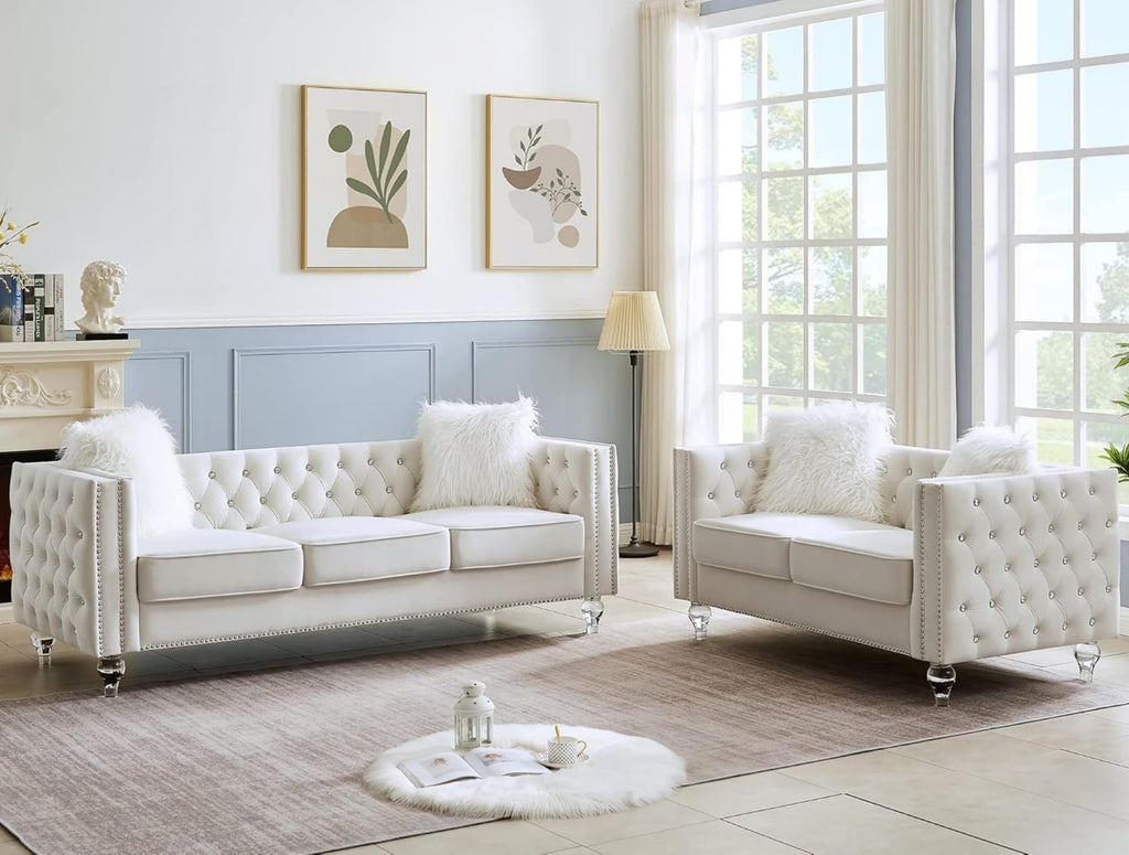 2 Piece Chesterfield Sofa Couch Set, Luxury Crystal Button Tufted Sofas with Silver Nailhead Trim Set of 2, Including