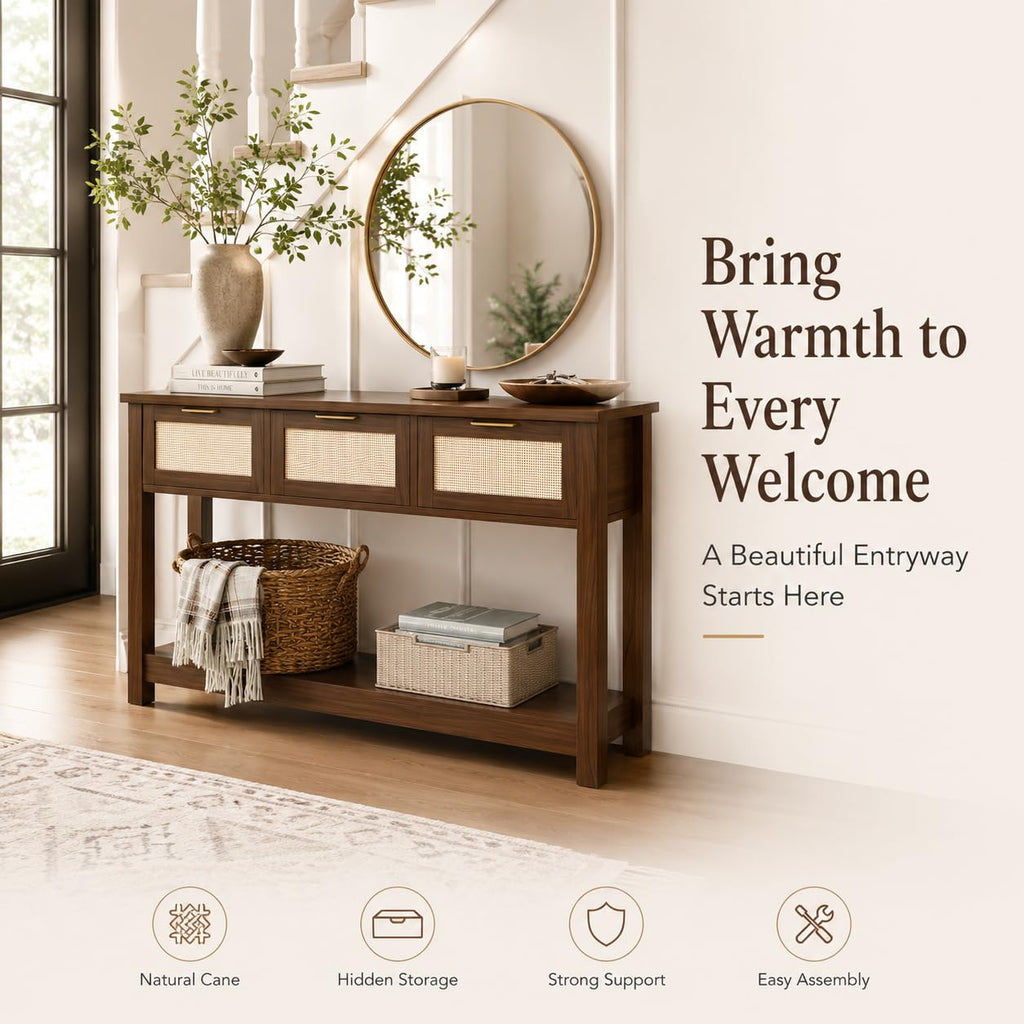 Console Table with 3 Rattan Drawers Storage Open Shelf
