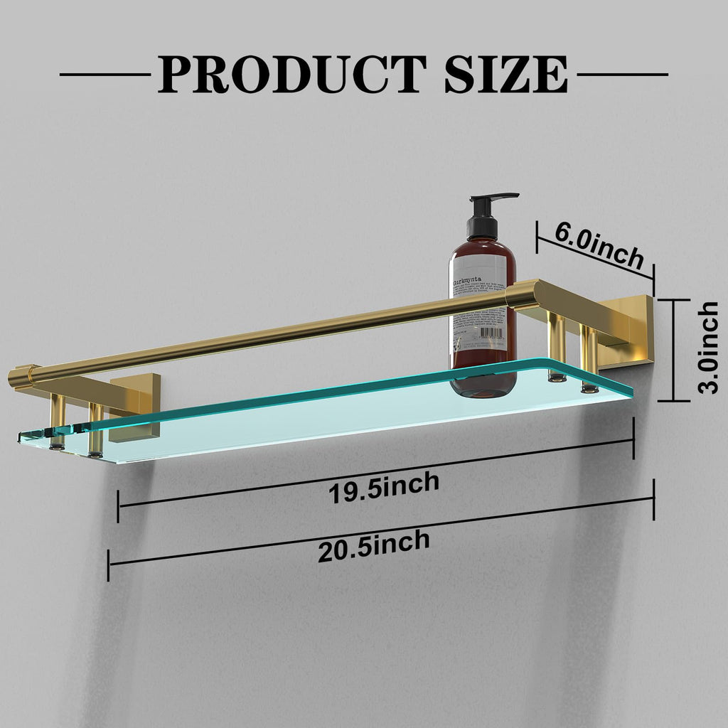 Glass Shelf, 20 Inch Tempered Glass with Brushed Gold Stainless Steel Railing, Floating Glass Shelves Sink Over