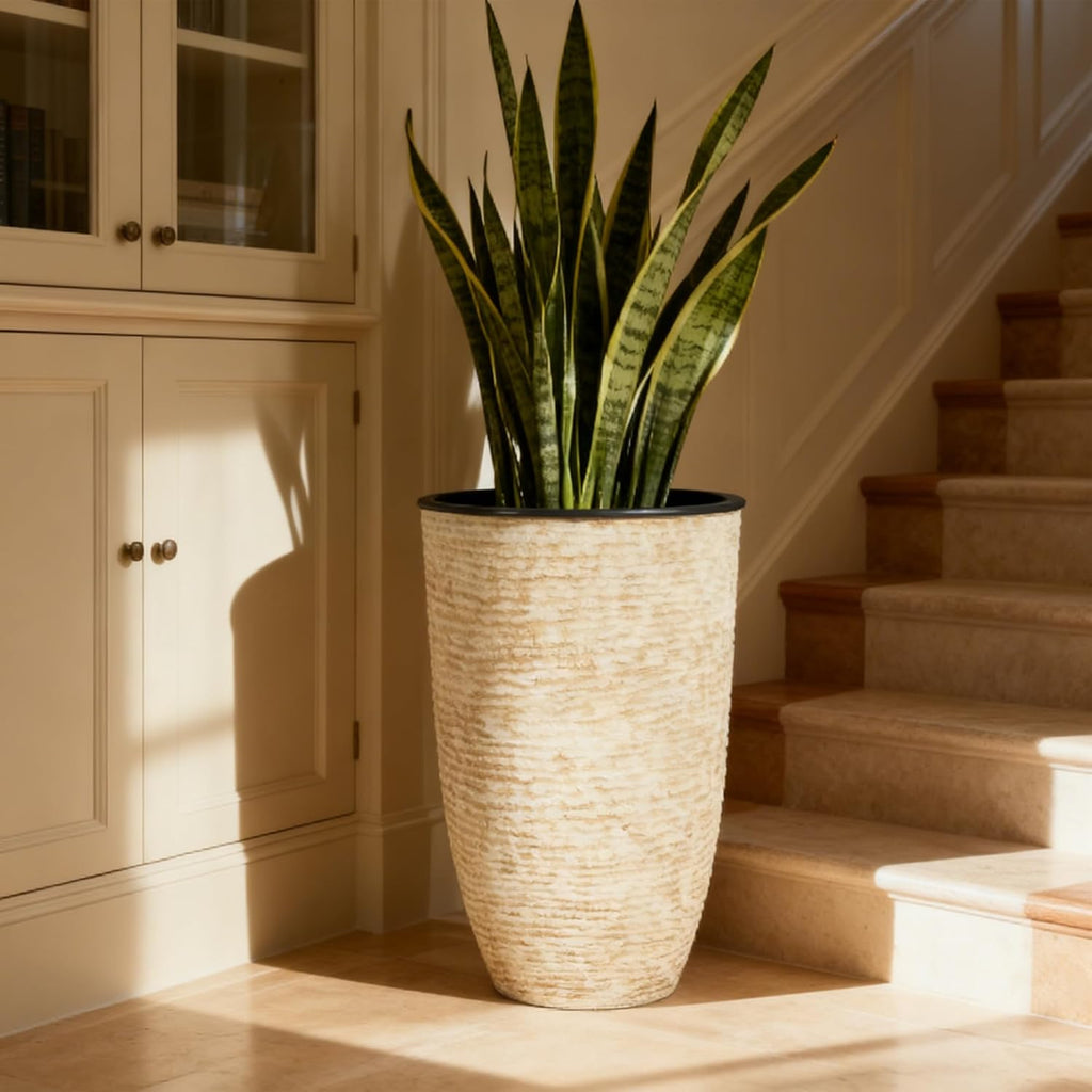 21" H Beige Tall Planters set of 2 with Inside Pots - 14'' Dia Large Round Plant Tree Pots with Drain Hole