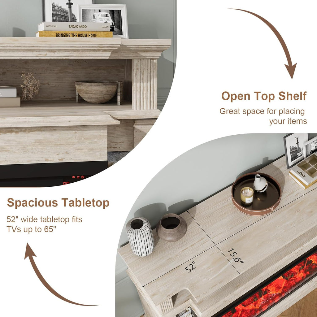 Fireplace TV Stand for TVs up to 65", Farmhouse 52"Fireplace Entertainment Center with 36" 3-Side Glass Electric