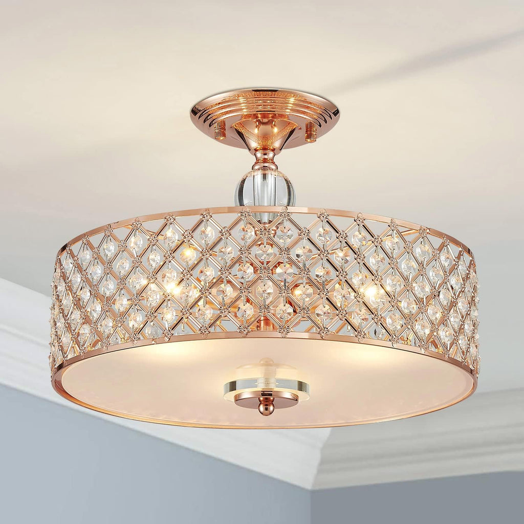Semi Flush Mount Ceiling Chandelier, 3-Light Modern K9 Crystal Ceiling Light Fixture for Dining Room,Livingroom,Bedroom, H11 x D15.4, Rose Gold Finish A100-B0B563H6Q3