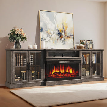 98" Farmhouse TV Stand with 36" Fireplace, Media Entertainment Center with Adjustable Shelves and Large Storage