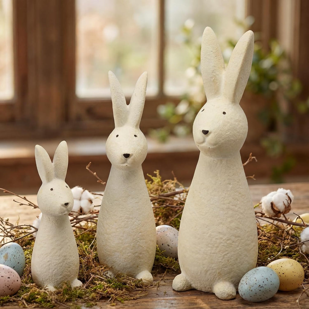 Easter Terracotta Bunny Decorations Rustic Rabbit Statues Home Decor Spring Rabbit Figurines Travertine Bunny - Set of 3