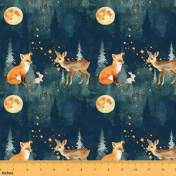 Deer Fabric By The Yard, Fox Rabbit Upholstery Fabric, Christmas Tree Moon