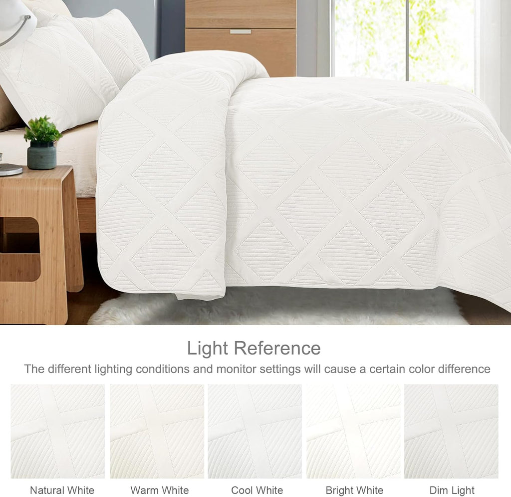 Quilts Queen - White Quilt Set Bedspread with 2 Pillow Shams, Modern Bedding Set with Striped Pattern, Soft