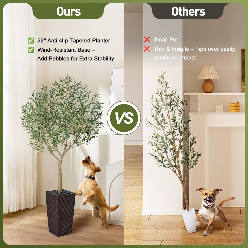 Artificial Olive Tree 7FT, UV Resistant Tall Fake Tree Indoor Outdoor with Brown Taper Planter & Pebbles - Potted