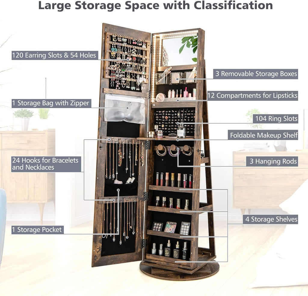 360° Swivel Jewelry Armoire with Full Length Mirror, Rear Storage Shelves, Lockable Standing Jewelry Cabinet