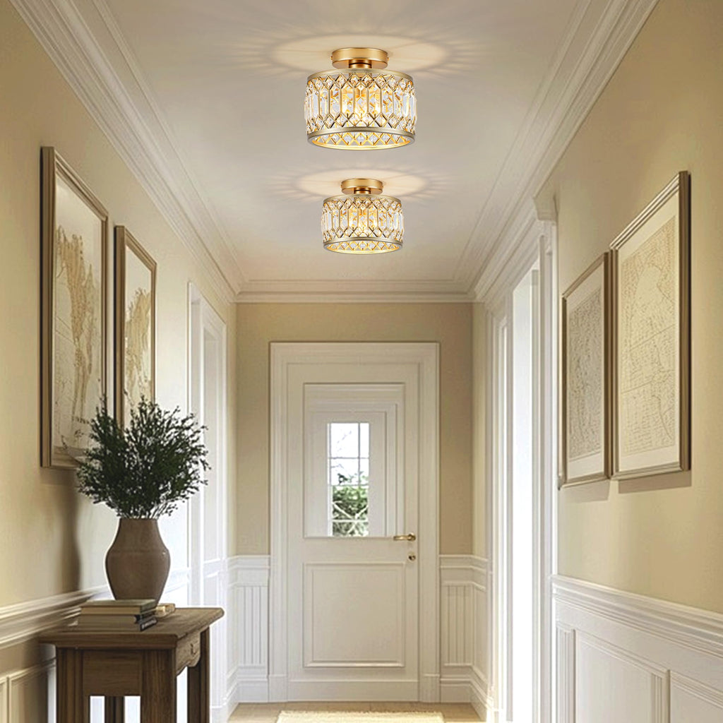 9 Inch Crystal Ceiling Light, Gold Semi Flush Mount Light Fixture, Small Flush Mount Chandelier, Modern Light Fixture