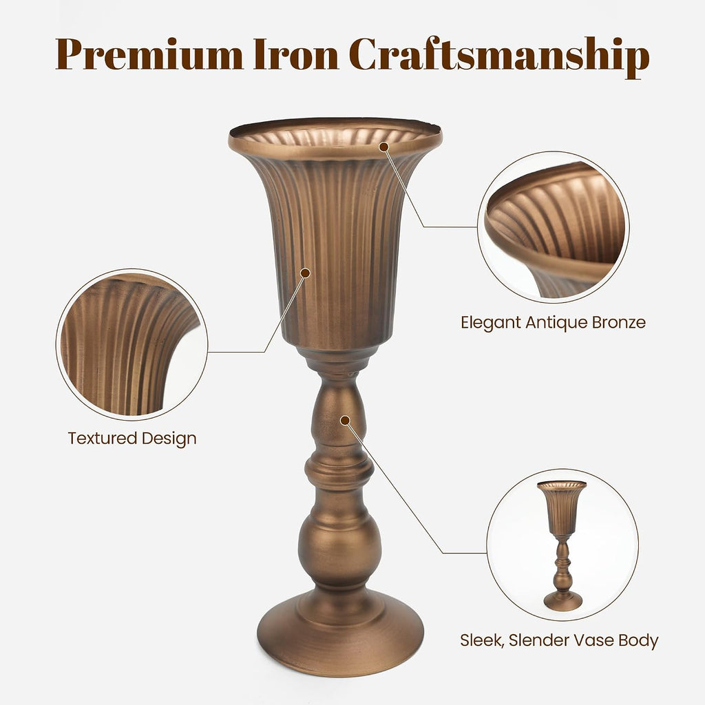 Antique Bronze Tall Trumpet Vases Centerpieces for Tables, 4 Pcs | 12.7in Vintage Metal Flower Stand, One-Piece No
