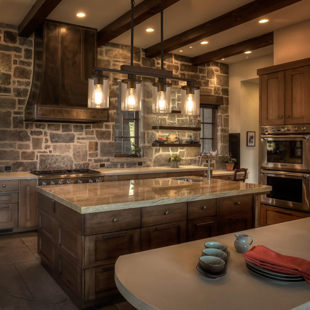 Wood Kitchen Island Lighting,4-Light Farmhouse Dining Room Light Fixture Matte Black Modern Chandeliers Over Table
