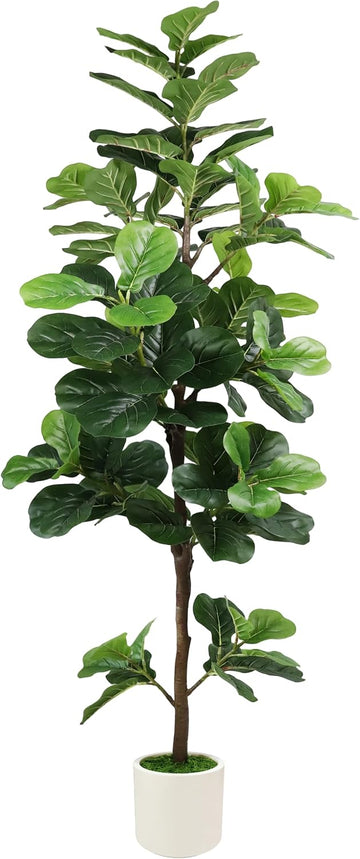 6FT Artificial Fiddle Leaf Fig Tree with White Planter & Fake Moss, Realistic Faux Ficus Lyrata Floor Plant Home
