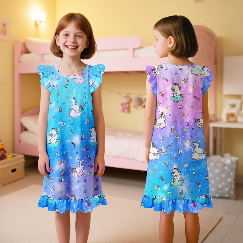 2pcs Girls Nightgowns, Unicorn Nightgown Princess Pajama Dresses for Girls Sleepwear Nightie