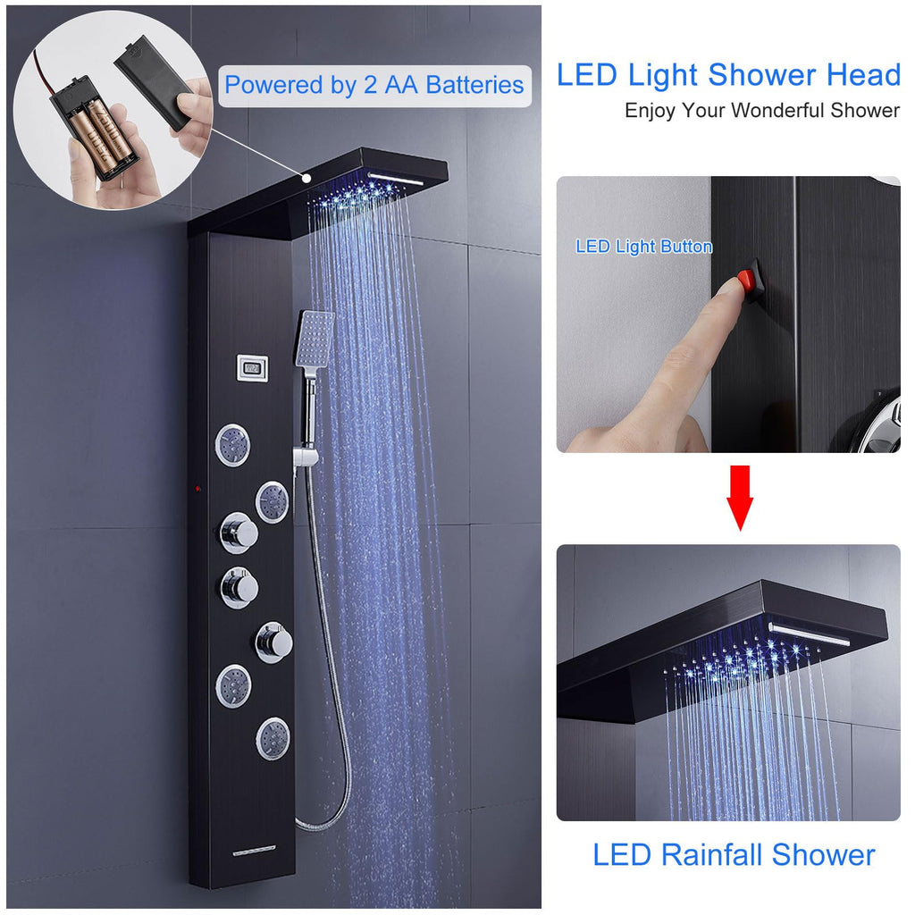 5-in-1 LED Shower Panel Tower System Stainless Steel Black