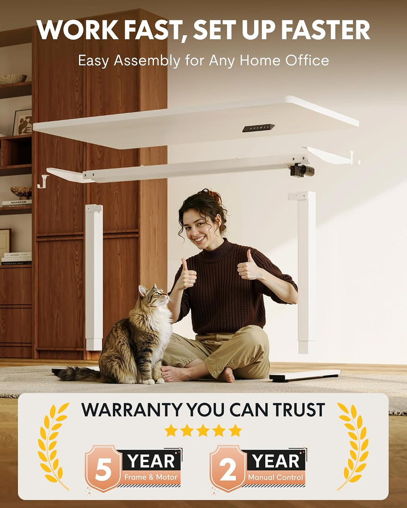 EN1 55"x28" One-Piece Standing Desk, White | 1" Thick Seamless Desktop, 176 LBS Capacity, Home Office Use, 4 Memory