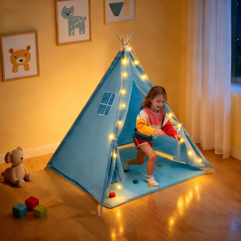 Kids Teepee Tent for Boys Girls Indoor Outdoor Play Tent with Lights Mat