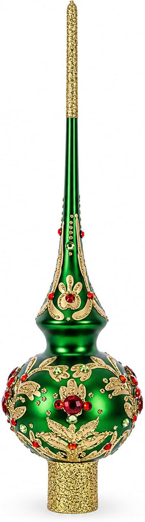 Regal Emerald & Red Glass Christmas Tree Topper 11 Inches