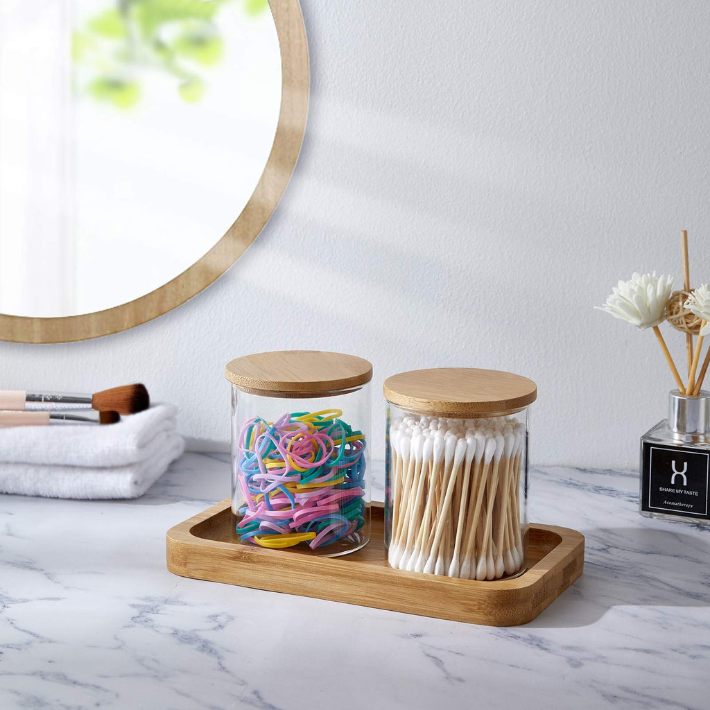Glass Qtip Holder with Vanity Tray, Apothecary Jars Bathroom Accessories Bathroom Canisters Organizer Countertop Q