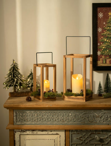 Rustic Wood Lantern for Christmas Table Centerpiece, Set of 2