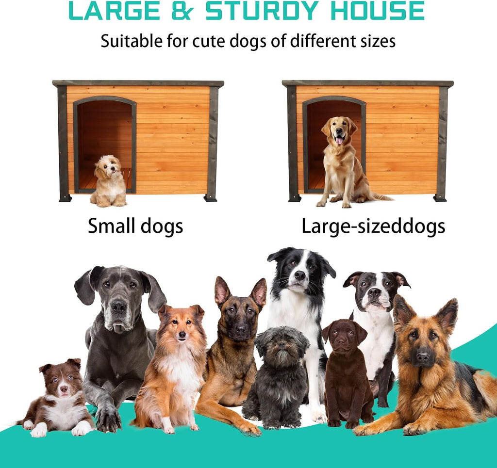 Large Dog Wooden Dog House Outdoor Indoor Weatherproof Solid Wood Kennel, Winter Strap with Elevated Feet