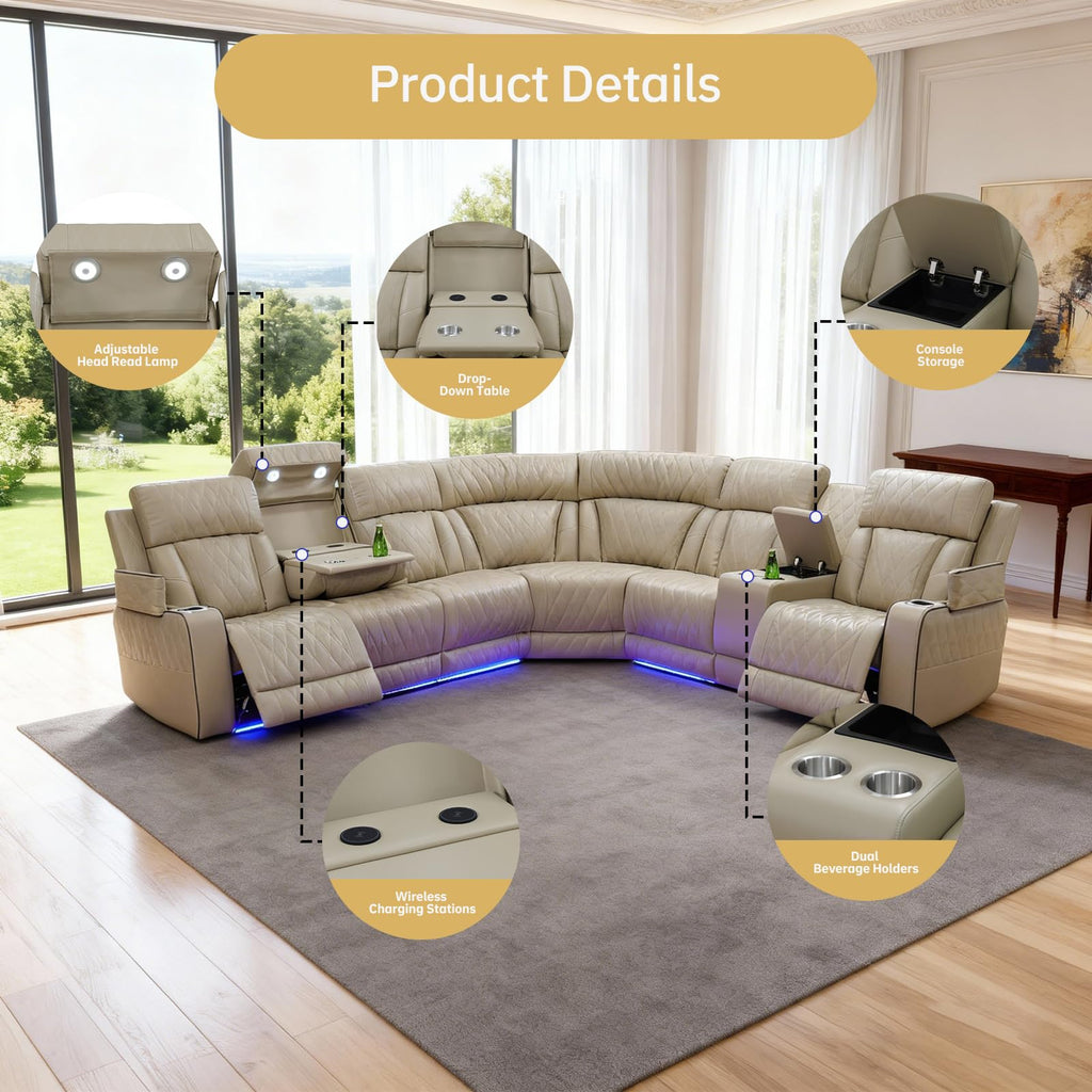 Power Reclining Leather Sectional Sofa Theater, Electric Recliner Couch with Wireless Power, LED Ambient Lighting