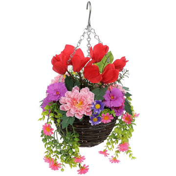 Artificial Fake Hanging Flowers Plants Basket for Outdoor Spring Decor, Faux Silk Flower in Planter Look Real Faux
