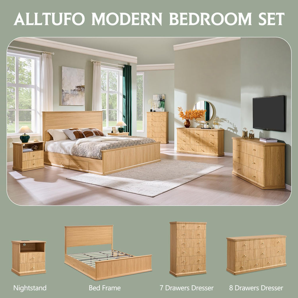 Modern 5 Drawers Dresser , 42" Tall Dressers & Chests of Drawers w/Curved Waterfall Edge, Wood Mid Century Vertical